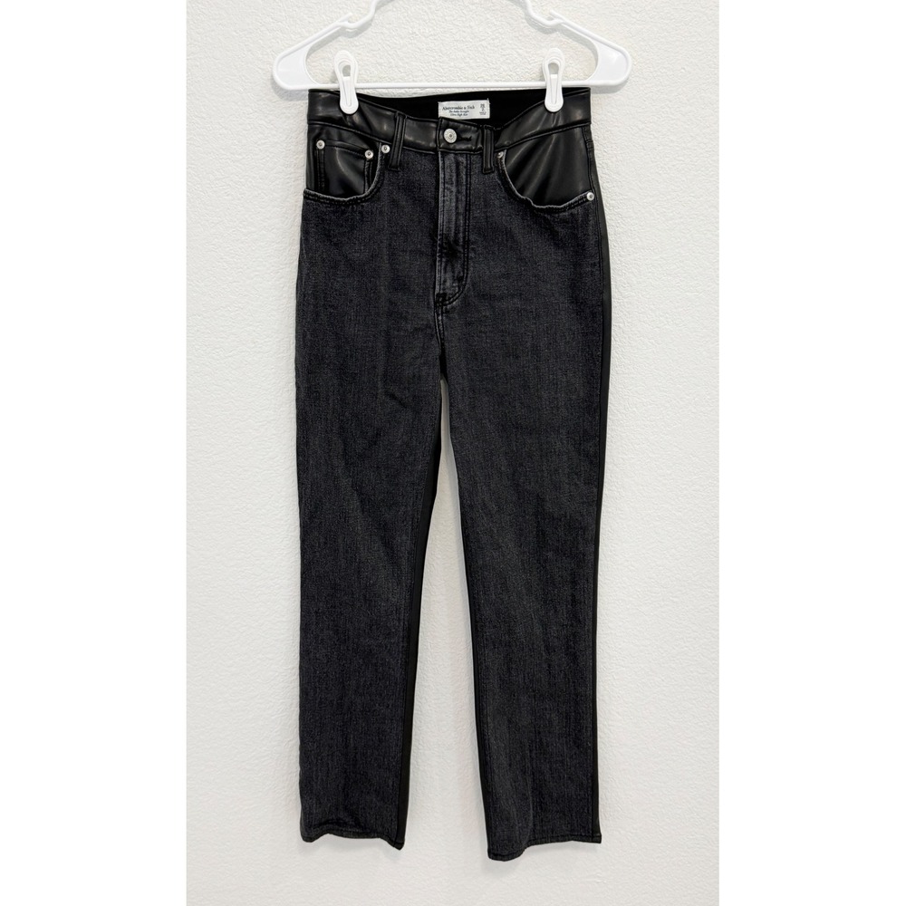 Abercrombie & Fitch Ankle Straight Ultra High Rise Faux Leather Mixed Jeans